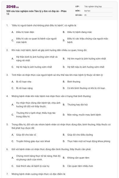 500 câu trắc nghiệm môn Tâm lý y đức có đáp án - Phần 13