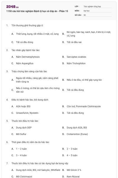 1150 câu hỏi trắc nghiệm Bệnh lý học có đáp án - Phần 15