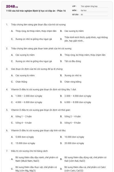 1150 câu hỏi trắc nghiệm Bệnh lý học có đáp án - Phần 16