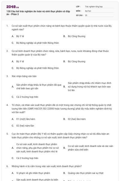 130 Câu hỏi trắc nghiệm An toàn vệ sinh thực phẩm có đáp án - Phần 3