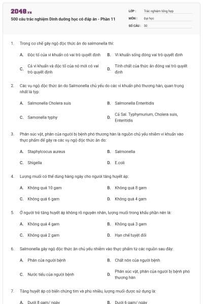 500 câu trắc nghiệm Dinh dưỡng học có đáp án - Phần 11