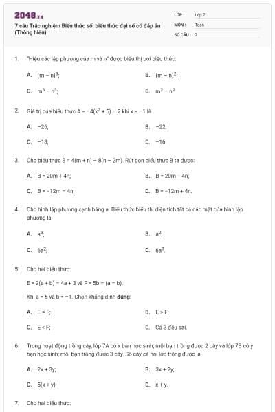 7 câu Trắc nghiệm Biểu thức số, biểu thức đại số có đáp án (Thông hiểu)