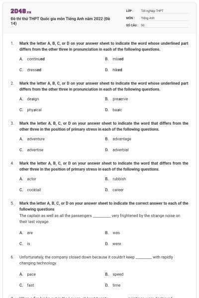Đề thi thử THPT Quốc gia môn Tiếng Anh năm 2022 (Đề 14)