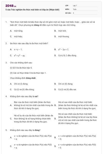 5 câu Trắc nghiệm Đa thức một biến có đáp án (Nhận biết)