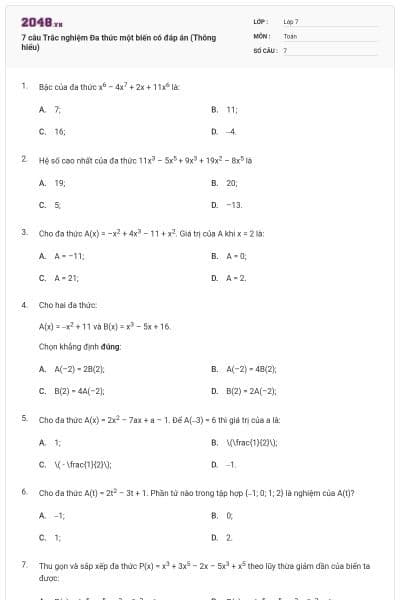 7 câu Trắc nghiệm Đa thức một biến có đáp án (Thông hiểu)