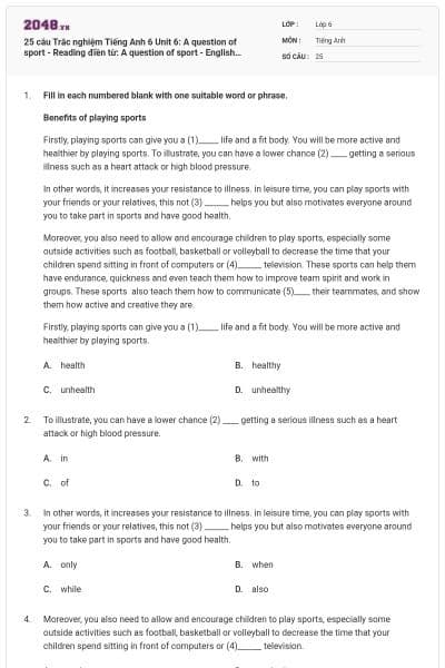 25 câu Trắc nghiệm Tiếng Anh 6 Unit 6: A question of sport - Reading điền từ: A question of sport - English discovery có đáp án