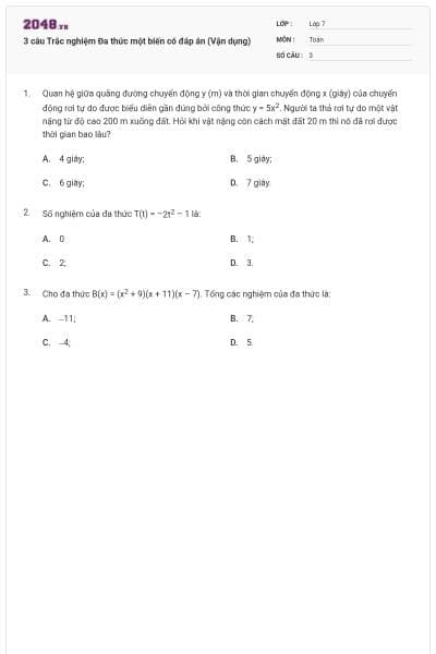 3 câu Trắc nghiệm Đa thức một biến có đáp án (Vận dụng)