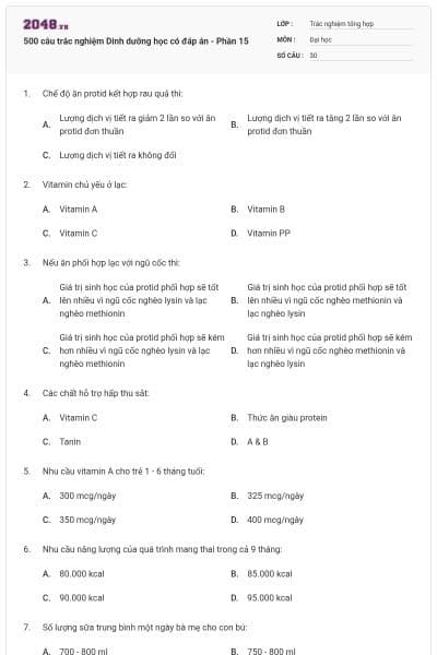 500 câu trắc nghiệm Dinh dưỡng học có đáp án - Phần 15