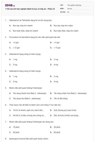 1150 câu hỏi trắc nghiệm Bệnh lý học có đáp án - Phần 23