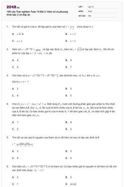 180 câu Trắc nghiệm Toán 10 Bài 2: Hàm số và phương trình bậc 2 có đáp án