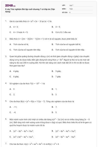 8 câu Trắc nghiệm Bài tập cuối chương 7 có đáp án (Vận dụng)