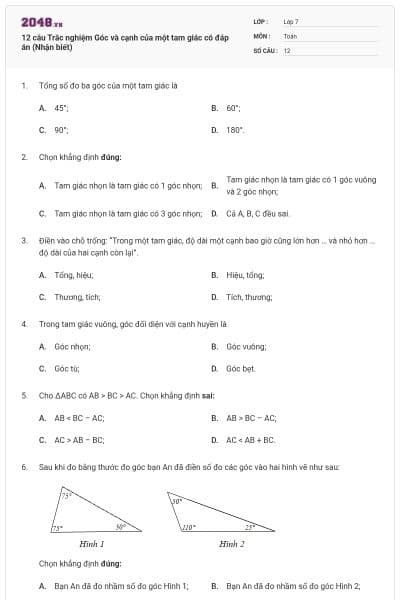 12 câu Trắc nghiệm Góc và cạnh của một tam giác có đáp án (Nhận biết)