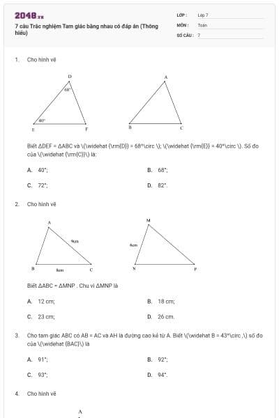 7 câu Trắc nghiệm Tam giác bằng nhau có đáp án (Thông hiểu)