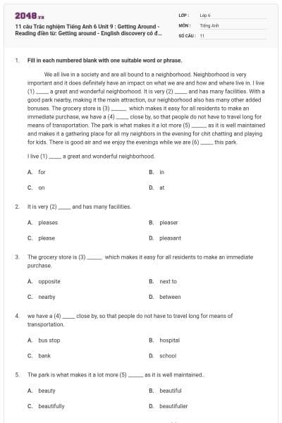 11 câu Trắc nghiệm Tiếng Anh 6 Unit 9 : Getting Around - Reading điền từ: Getting around - English discovery có đáp án