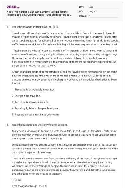 7 câu Trắc nghiệm Tiếng Anh 6 Unit 9 : Getting Around - Reading đọc hiểu: Getting around - English discovery có đáp án