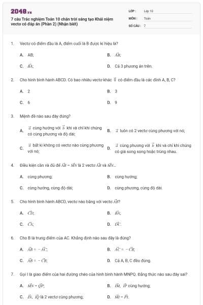7 câu Trắc nghiệm Toán 10 chân trời sáng tạo Khái niệm vectơ có đáp án (Phần 2) (Nhận biết)