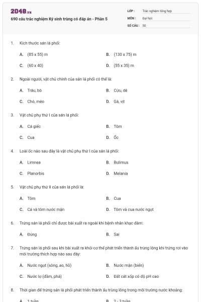 690 câu trắc nghiệm Ký sinh trùng có đáp án - Phần 5