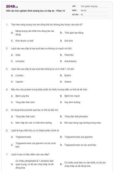 500 câu trắc nghiệm Dinh dưỡng học có đáp án - Phần 16