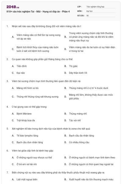 810+ câu trắc nghiệm Tai - Mũi - Họng có đáp án - Phần 4