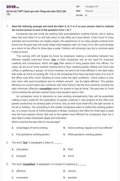 Đề thi thử THPT Quốc gia môn Tiếng anh năm 2022 (Đề 12)