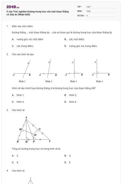 5 câu Trắc nghiệm Đường trung trực của một đoạn thẳng có đáp án (Nhận biết)