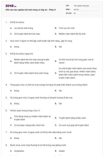 690 câu trắc nghiệm Ký sinh trùng có đáp án - Phần 8