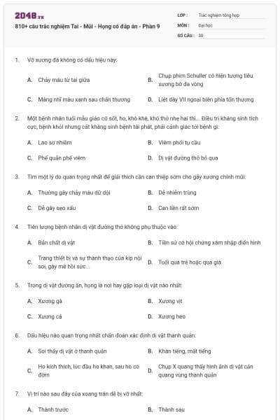 810+ câu trắc nghiệm Tai - Mũi - Họng có đáp án - Phần 9