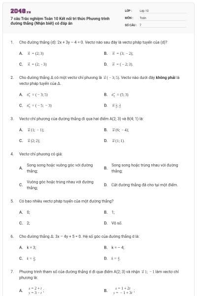 7 câu Trắc nghiệm Toán 10 Kết nối tri thức Phương trình đường thẳng (Nhận biết) có đáp án