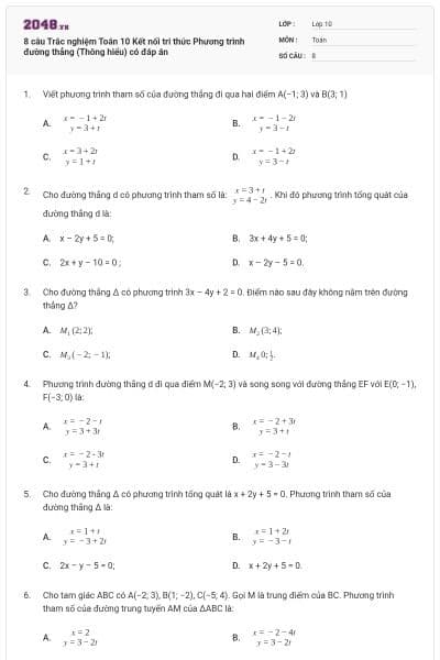 8 câu Trắc nghiệm Toán 10 Kết nối tri thức Phương trình đường thẳng (Thông hiểu) có đáp án