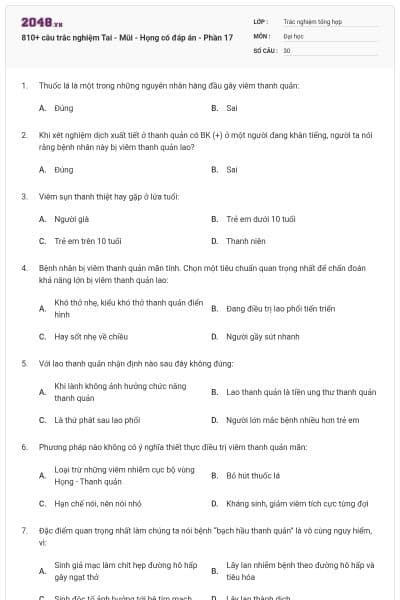 810+ câu trắc nghiệm Tai - Mũi - Họng có đáp án - Phần 17