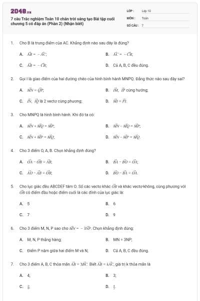7 câu Trắc nghiệm Toán 10 chân trời sáng tạo Bài tập cuối chương 5 có đáp án (Phần 2) (Nhận biết)