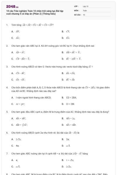 10 câu Trắc nghiệm Toán 10 chân trời sáng tạo Bài tập cuối chương 5 có đáp án (Phần 2) (Thông hiểu)