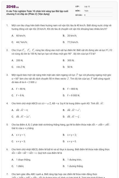 8 câu Trắc nghiệm Toán 10 chân trời sáng tạo Bài tập cuối chương 5 có đáp án (Phần 2) (Vận dụng)