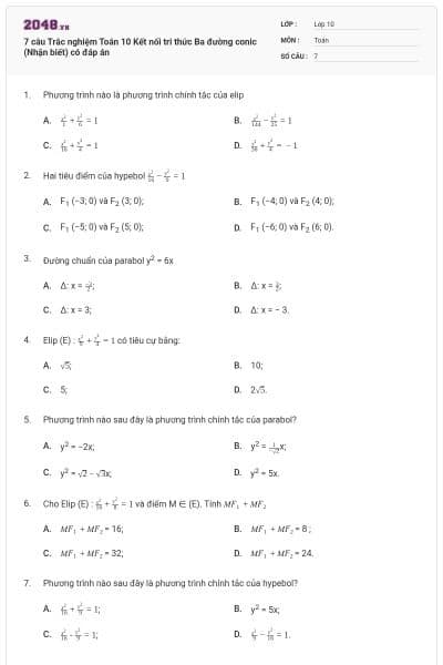 7 câu Trắc nghiệm Toán 10 Kết nối tri thức Ba đường conic (Nhận biết) có đáp án