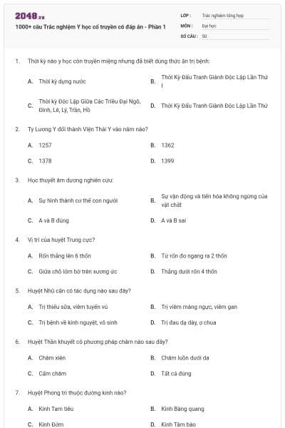 1000+ câu Trắc nghiệm Y học cổ truyền có đáp án - Phần 1