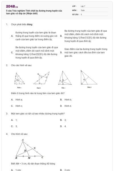 5 câu Trắc nghiệm Tính chất ba đường trung tuyến của tam giác có đáp án (Nhận biết)