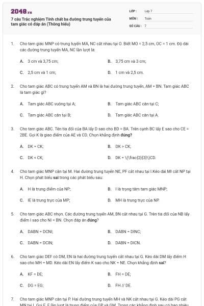 7 câu Trắc nghiệm Tính chất ba đường trung tuyến của tam giác có đáp án (Thông hiểu)