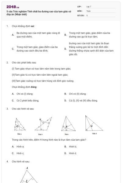 5 câu Trắc nghiệm Tính chất ba đường cao của tam giác có đáp án (Nhận biết)