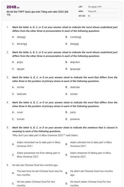 Đề thi thử THPT Quốc gia môn Tiếng anh năm 2022 (Đề 14)