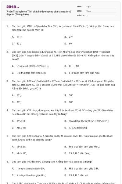 7 câu Trắc nghiệm Tính chất ba đường cao của tam giác có đáp án (Thông hiểu)