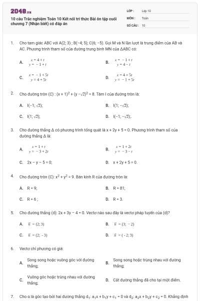 10 câu Trắc nghiệm Toán 10 Kết nối tri thức Bài ôn tập cuối chương 7 (Nhận biết) có đáp án