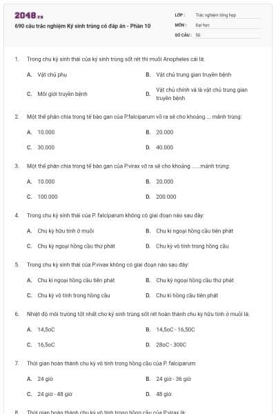 690 câu trắc nghiệm Ký sinh trùng có đáp án - Phần 10