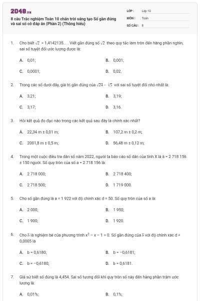 8 câu Trắc nghiệm Toán 10 chân trời sáng tạo Số gần đúng và sai số có đáp án (Phần 2) (Thông hiểu)