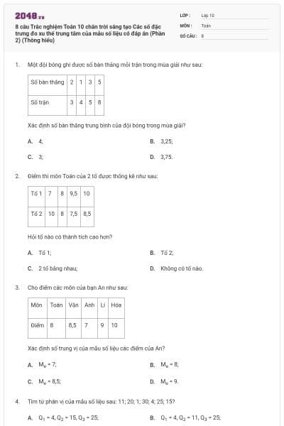 8 câu Trắc nghiệm Toán 10 chân trời sáng tạo Các số đặc trưng đo xu thế trung tâm của mẫu số liệu có đáp án (Phần 2) (Thông hiểu)
