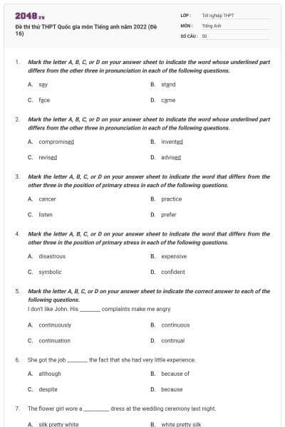 Đề thi thử THPT Quốc gia môn Tiếng anh năm 2022 (Đề 16)
