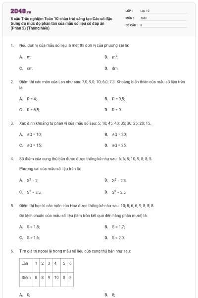 8 câu Trắc nghiệm Toán 10 chân trời sáng tạo Các số đặc trưng đo mức độ phân tán của mẫu số liệu có đáp án (Phần 2) (Thông hiểu)