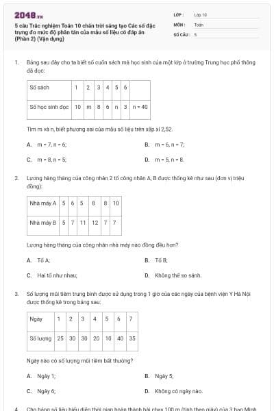 5 câu Trắc nghiệm Toán 10 chân trời sáng tạo Các số đặc trưng đo mức độ phân tán của mẫu số liệu có đáp án (Phần 2) (Vận dụng)
