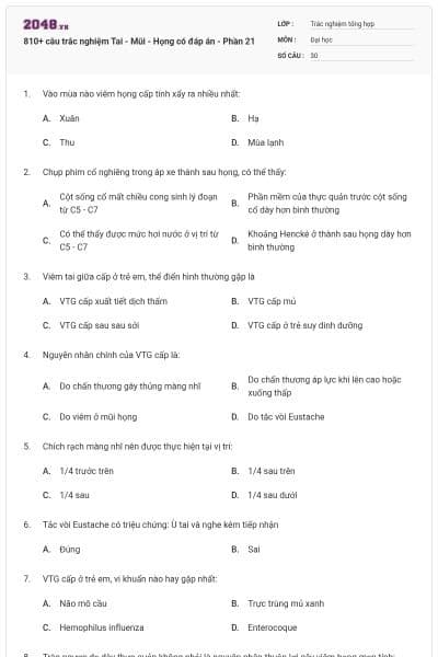 810+ câu trắc nghiệm Tai - Mũi - Họng có đáp án - Phần 21