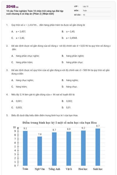 10 câu Trắc nghiệm Toán 10 chân trời sáng tạo Bài tập cuối chương 6 có đáp án (Phần 2) (Nhận biết)