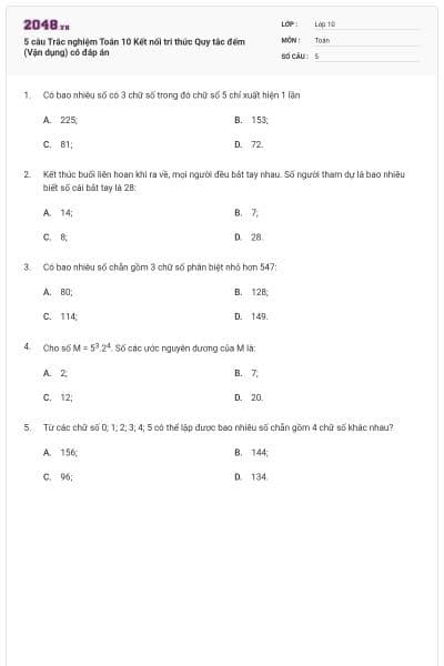 5 câu Trắc nghiệm Toán 10 Kết nối tri thức Quy tắc đếm (Vận dụng) có đáp án